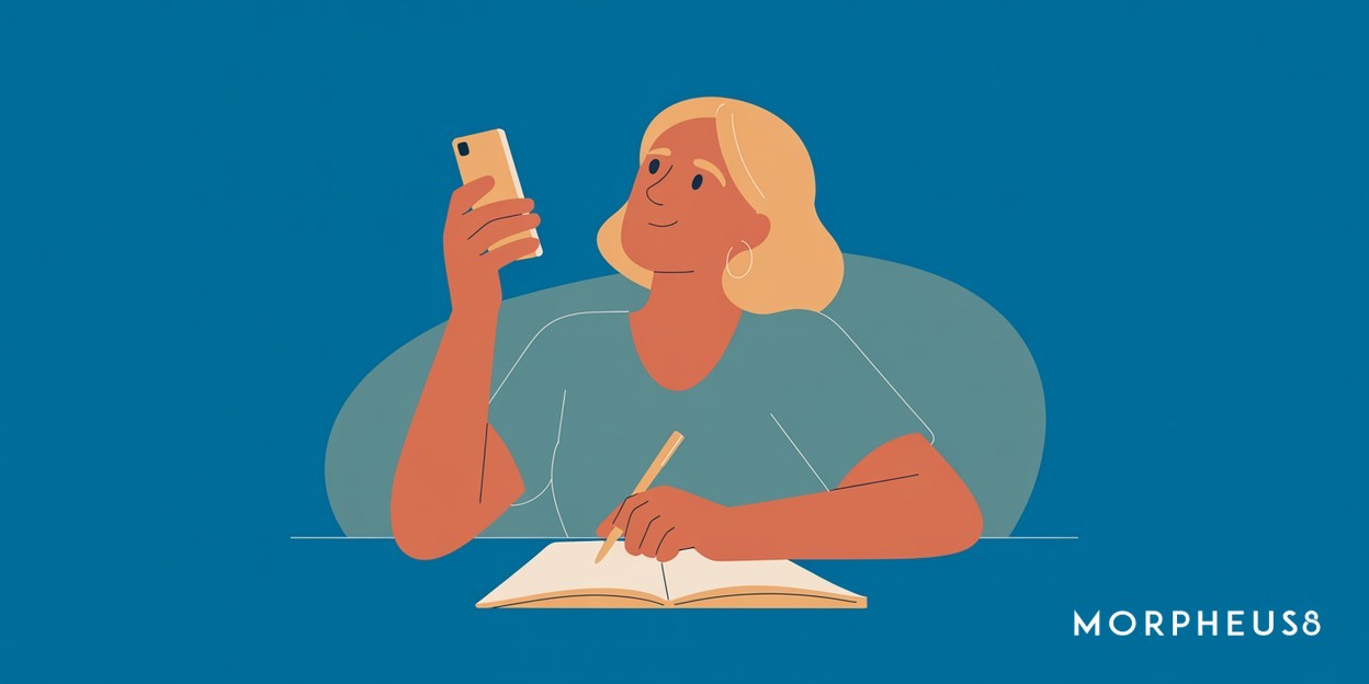 Woman in her forties at a kitchen table holding her phone and writing in a notebook