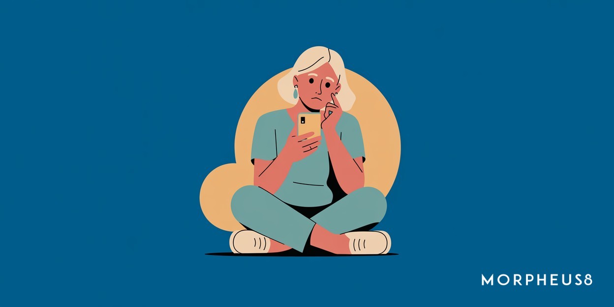 Woman in her forties sitting cross legged and studying a phone held close to her face