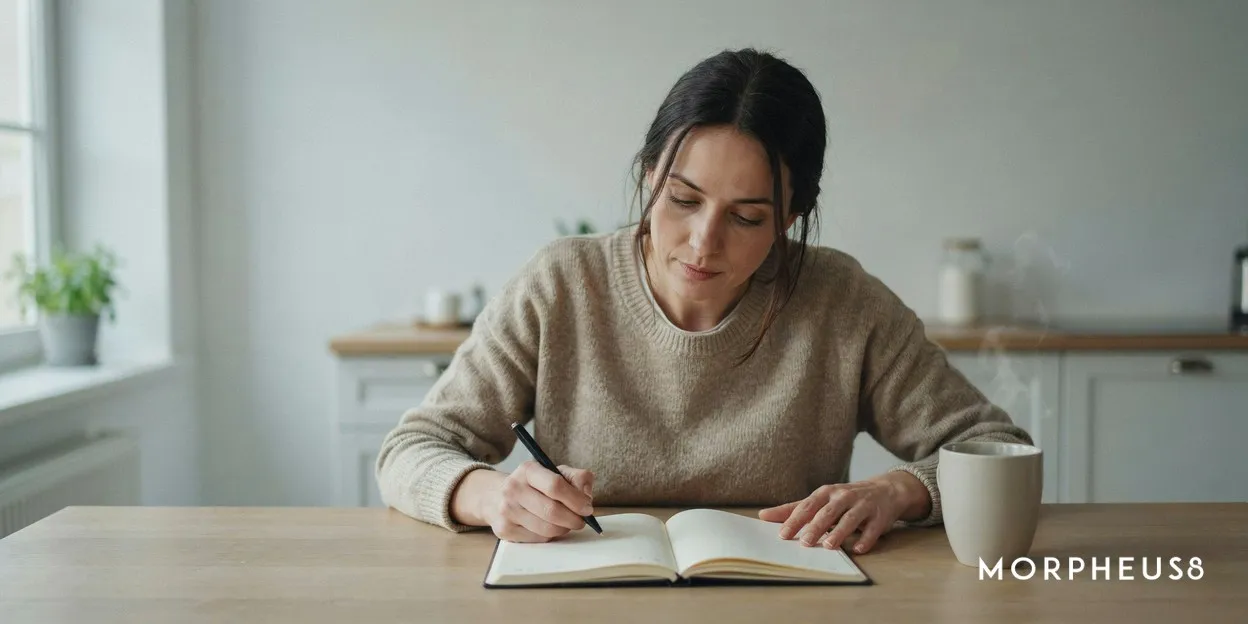 Woman in her forties sitting at a kitchen table with an open paper diary and a pen in her hand