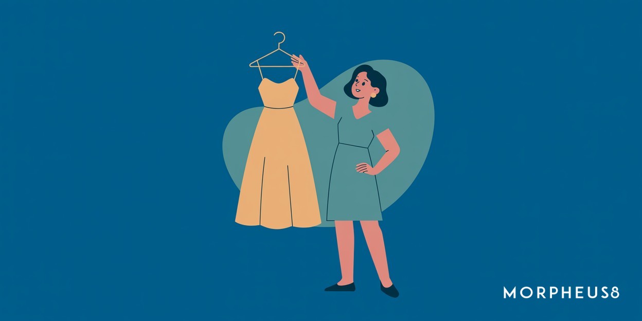 Woman in her forties holding a dress on a hanger up in front of her