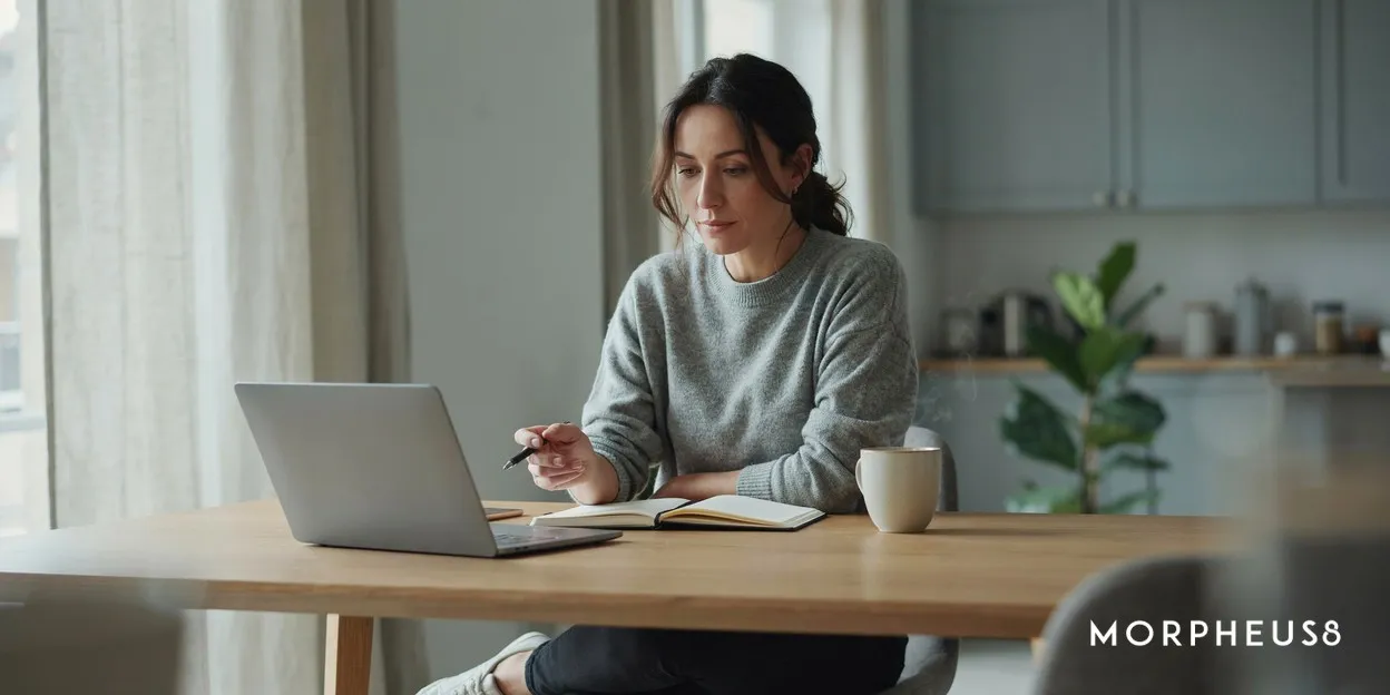 Woman in her forties sitting at a kitchen table with an open notebook and a laptop