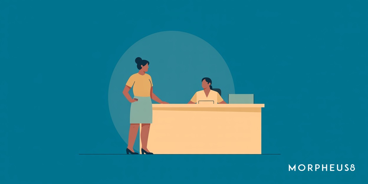 Woman in her forties standing at a reception desk speaking to a receptionist