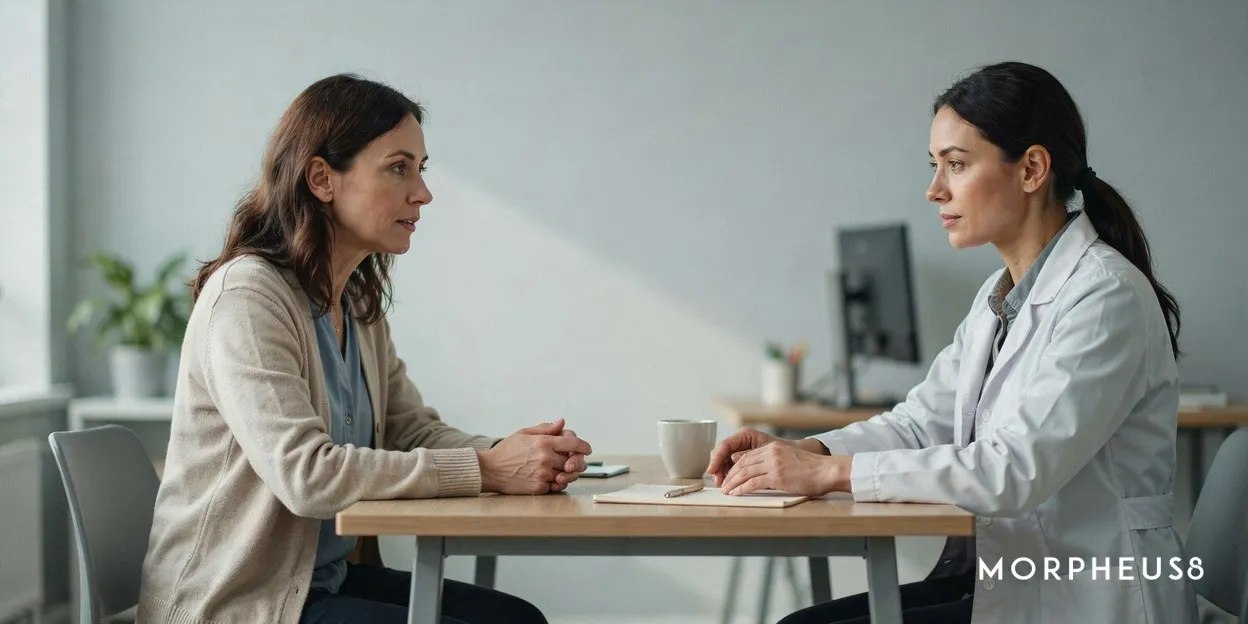 Woman in her forties talking with a practitioner across a desk in a consultation room