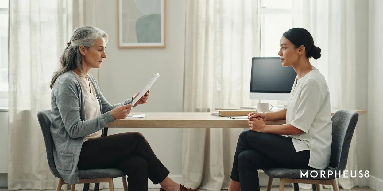 Woman in her fifties holding a printed page across a desk from a clinician in a consultation room