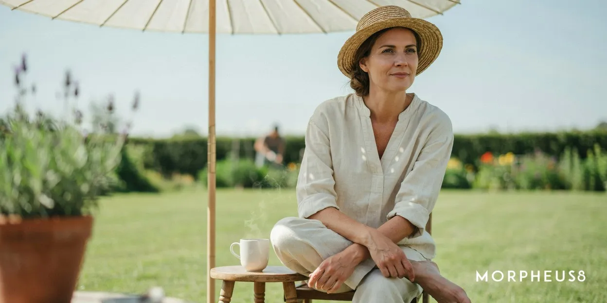 Woman in her forties in a wide-brimmed hat sitting in the shade of a garden parasol